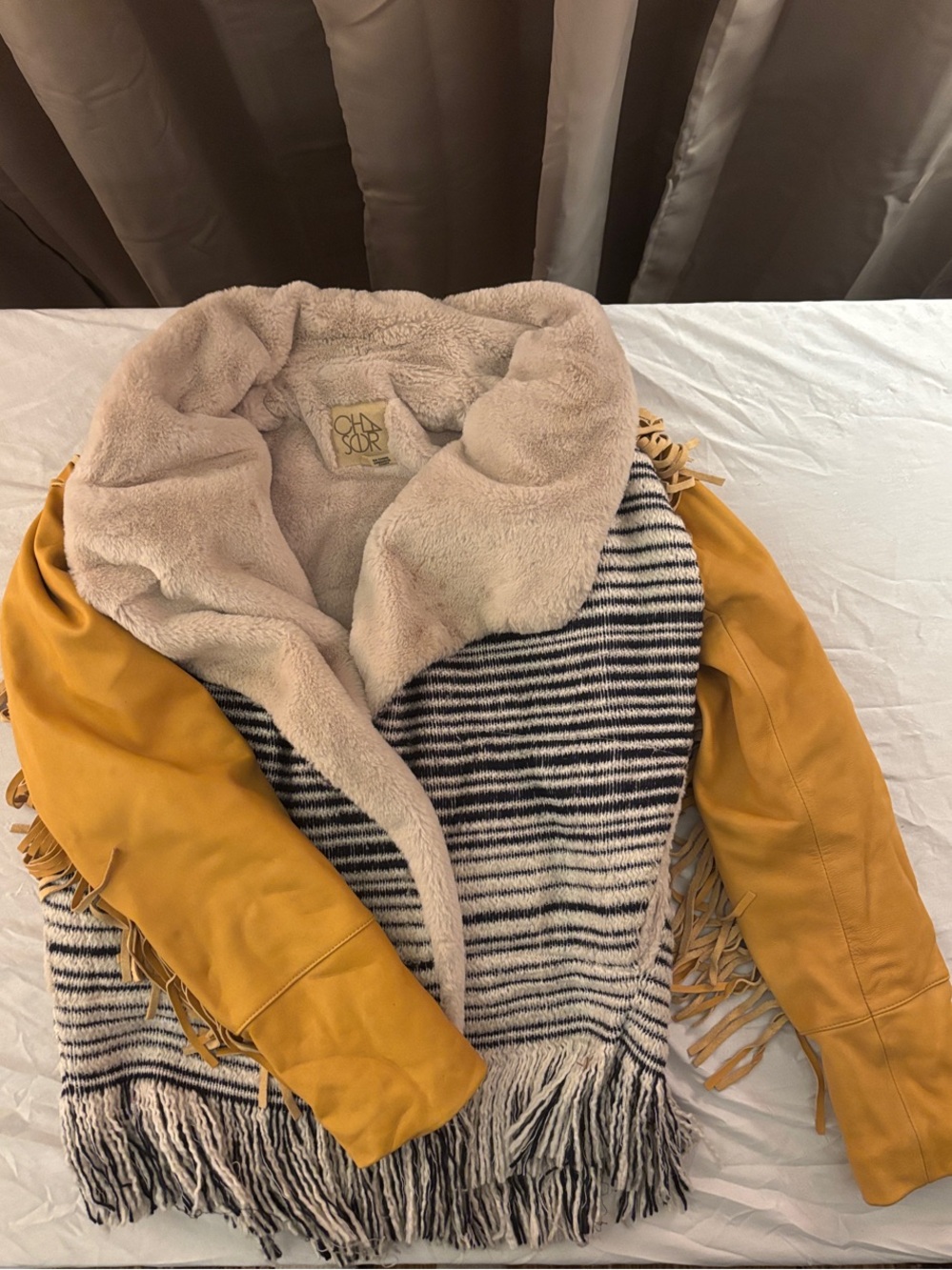 Chaser Cream Sherpa & Mustard leather Teddy Coat with fringe sleeve